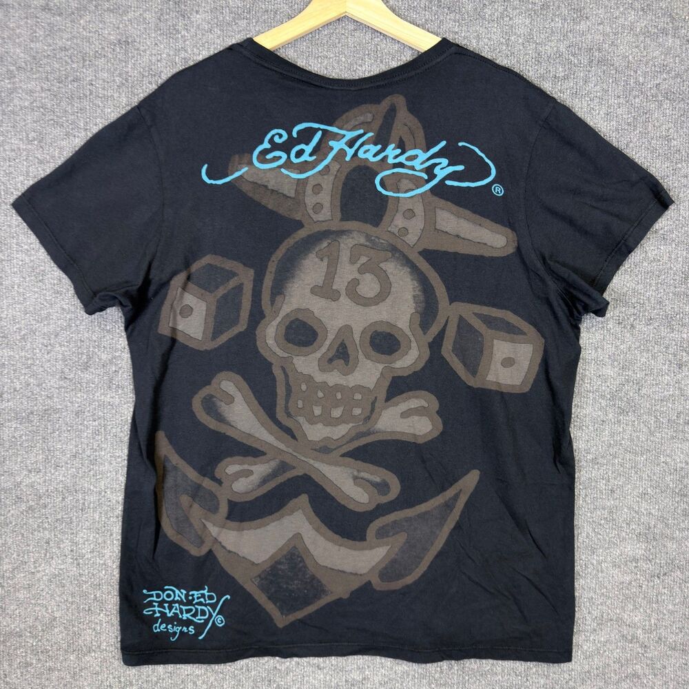 Ed Hardy Mens T Shirt Size XL Number 13 Skull Rhinestone Graphic Y2K Black